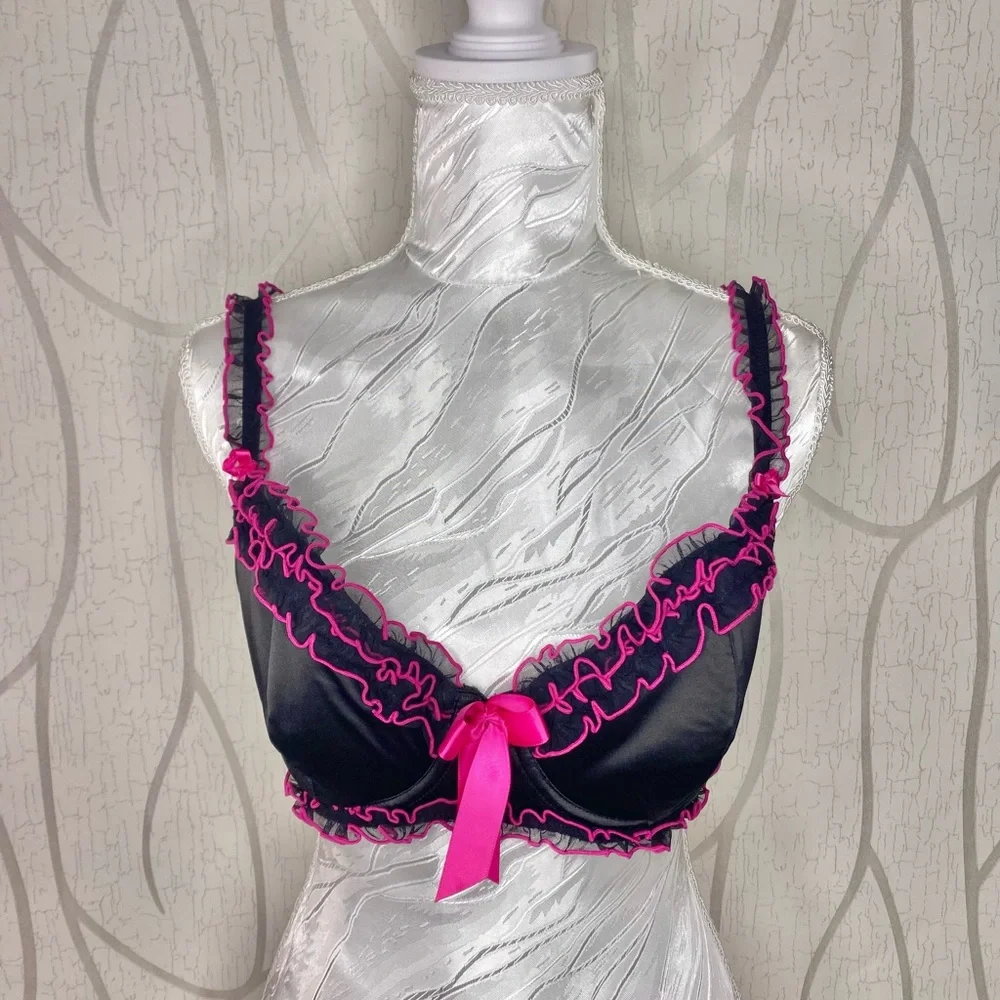 🌷 La SENZA 🌷 Black Bra with Pink Ruffle Frill Accents & Ribbon Bow - Picture 2 of 11